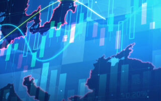 Digitale wereldkaart met grafieken en koersdata die wereldwijde financiële markten en beursbewegingen visualiseren.