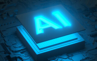 Een gloeiend blauw “AI” symbool op een microchip, omgeven door een complexe printplaat, die kunstmatige intelligentie technologie voorstelt.