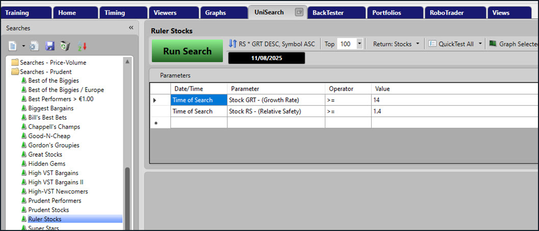 VectorVest Unisearch voor de Rulerstocks